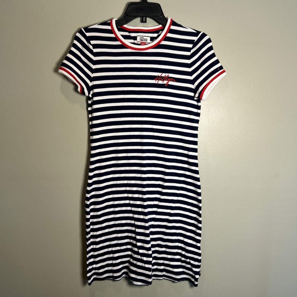 Tommy Hilfiger Women's S Striped Knit Logo Crew Neck Short Sleeve Dress